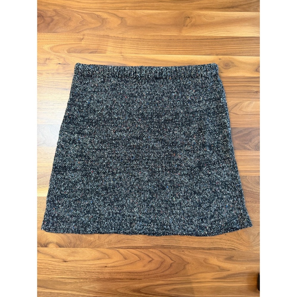 Hand Knit A Line Mini Skirt Large Black Multi Tweed Wool Elastic Waist Pull On